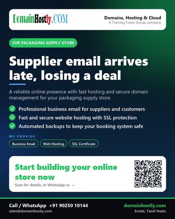 DomainHostly poster for Packaging supply store: Supplier email arrives late, losing a deal