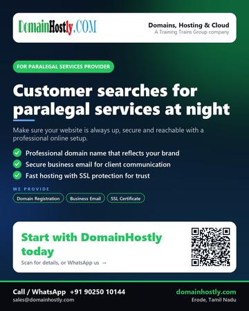 DomainHostly poster for Paralegal services provider: Customer searches for paralegal services at night