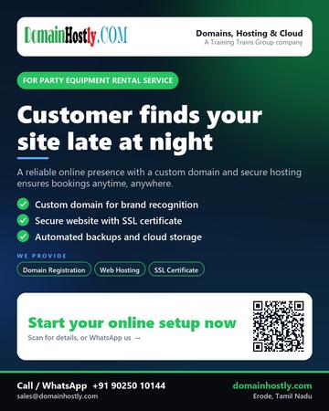 DomainHostly poster for Party equipment rental service: Customer finds your site late at night