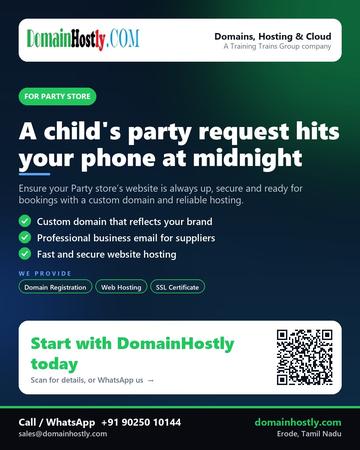 DomainHostly poster for Party store: A child's party request hits your phone at midnight