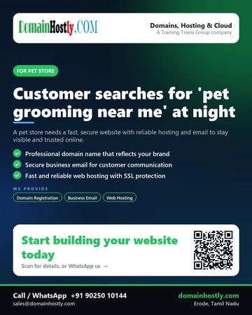 DomainHostly poster for Pet store: Customer searches for 'pet grooming near me' at night