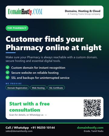 DomainHostly poster for Pharmacy: Customer finds your Pharmacy online at night