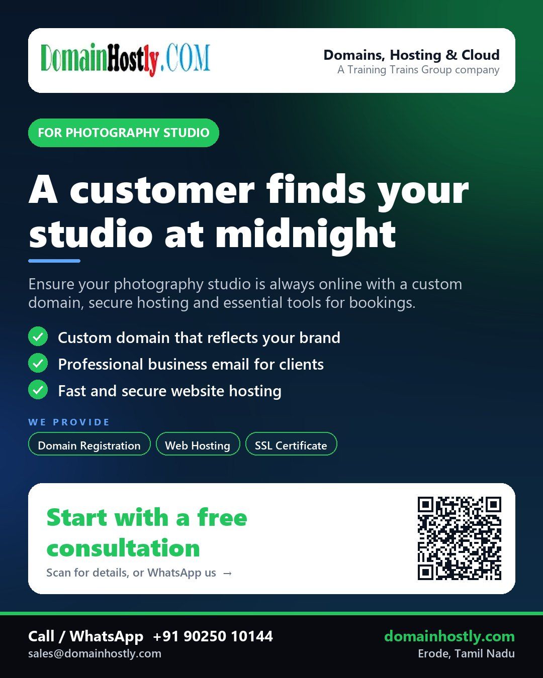 Photography studio using DomainHostly for domain registration, hosting, and website security