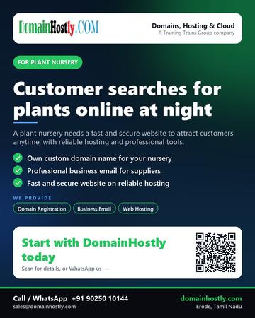 DomainHostly poster for Plant nursery: Customer searches for plants online at night