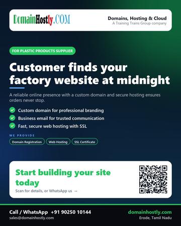 DomainHostly poster for Plastic products supplier: Customer finds your factory website at midnight