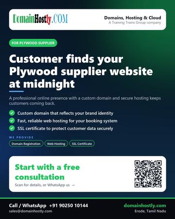 DomainHostly poster for Plywood supplier: Customer finds your Plywood supplier website at midnight