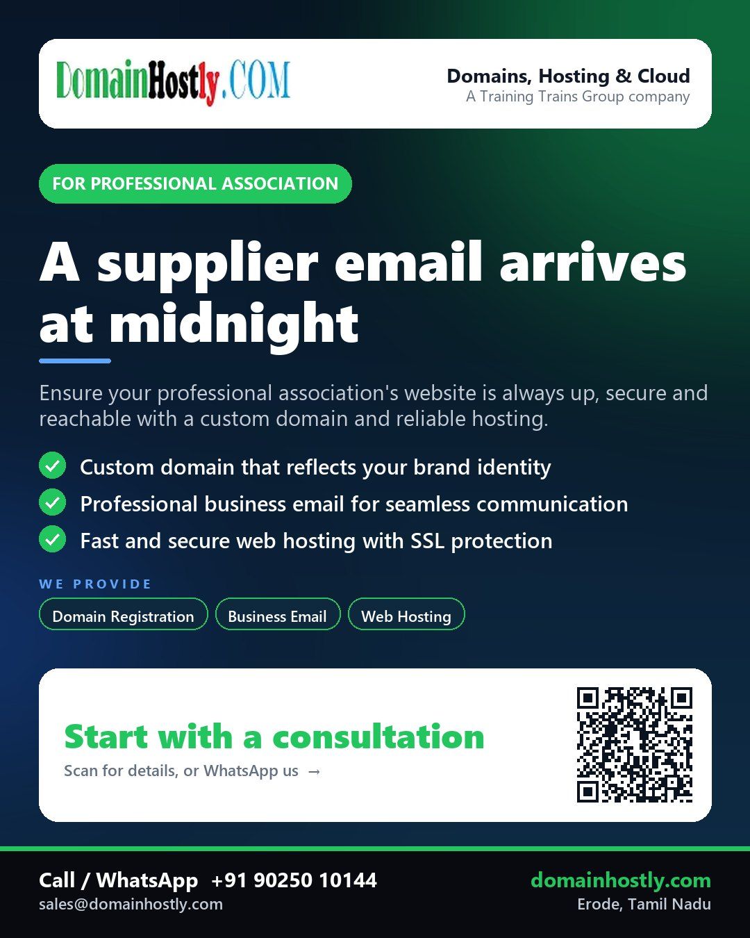 Professional association brand with custom domain, secure website and business email hosted by DomainHostly