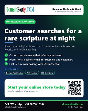 DomainHostly poster for Religious book store: Customer searches for a rare scripture at night