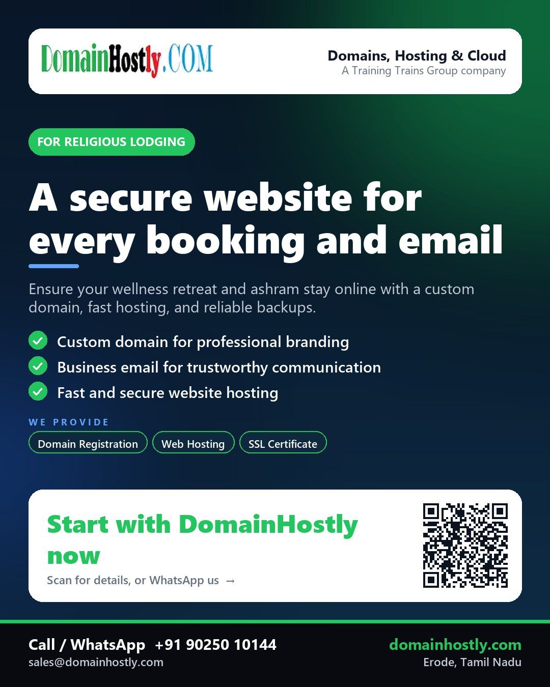 Religious lodging with DomainHostly - custom domain, secure website and business email