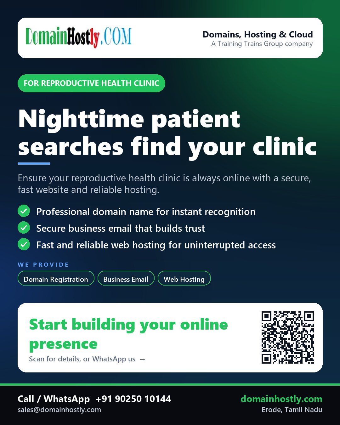 Reproductive health clinic with DomainHostly branding showing a secure and accessible online presence