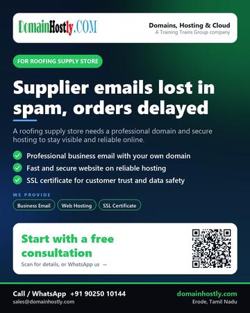 DomainHostly poster for Roofing supply store: Supplier emails lost in spam, orders delayed