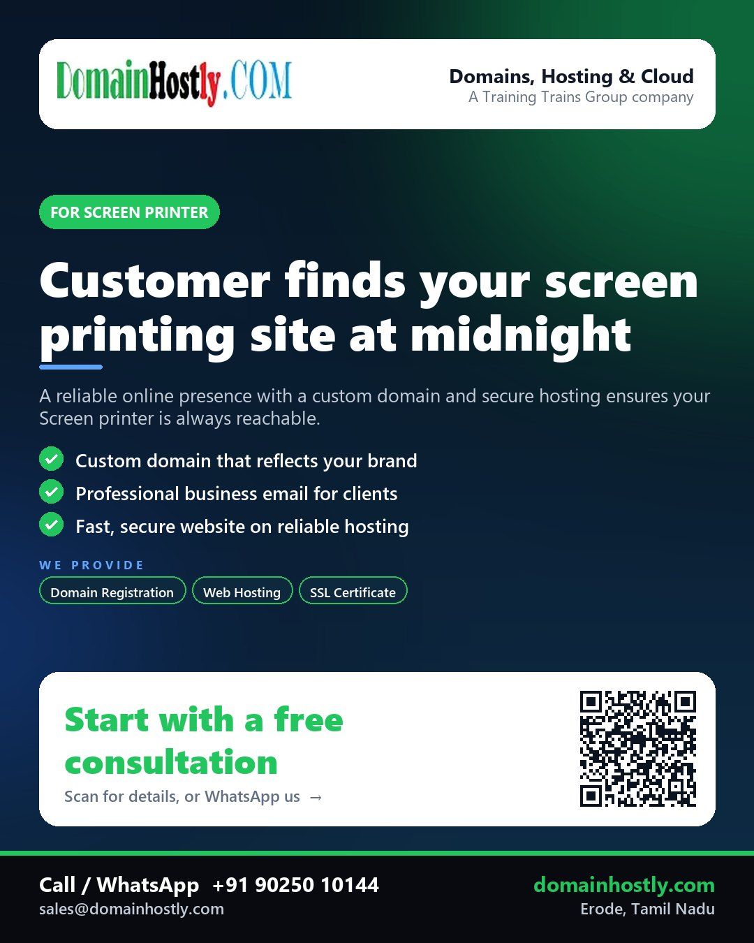 Screen printer with laptop showing website on DomainHostly