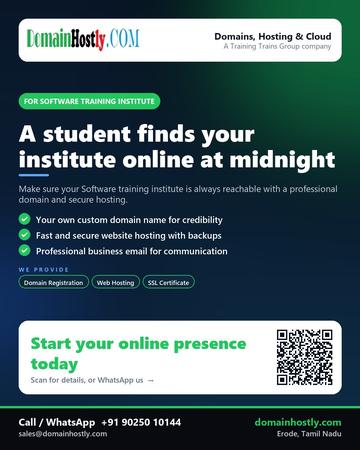 DomainHostly poster for Software training institute: A student finds your institute online at midnight