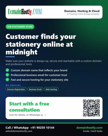 DomainHostly poster for Stationery store: Customer finds your stationery online at midnight