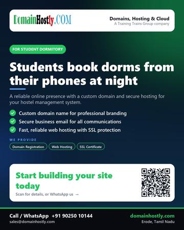 DomainHostly poster for Student dormitory: Students book dorms from their phones at night