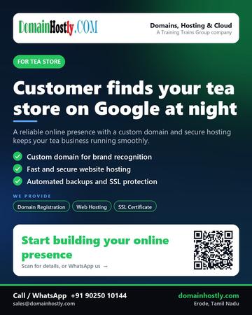 DomainHostly poster for Tea store: Customer finds your tea store on Google at night