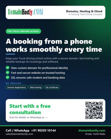 DomainHostly poster for Truck driving school: A booking from a phone works smoothly every time