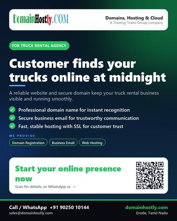 DomainHostly poster for Truck rental agency: Customer finds your trucks online at midnight