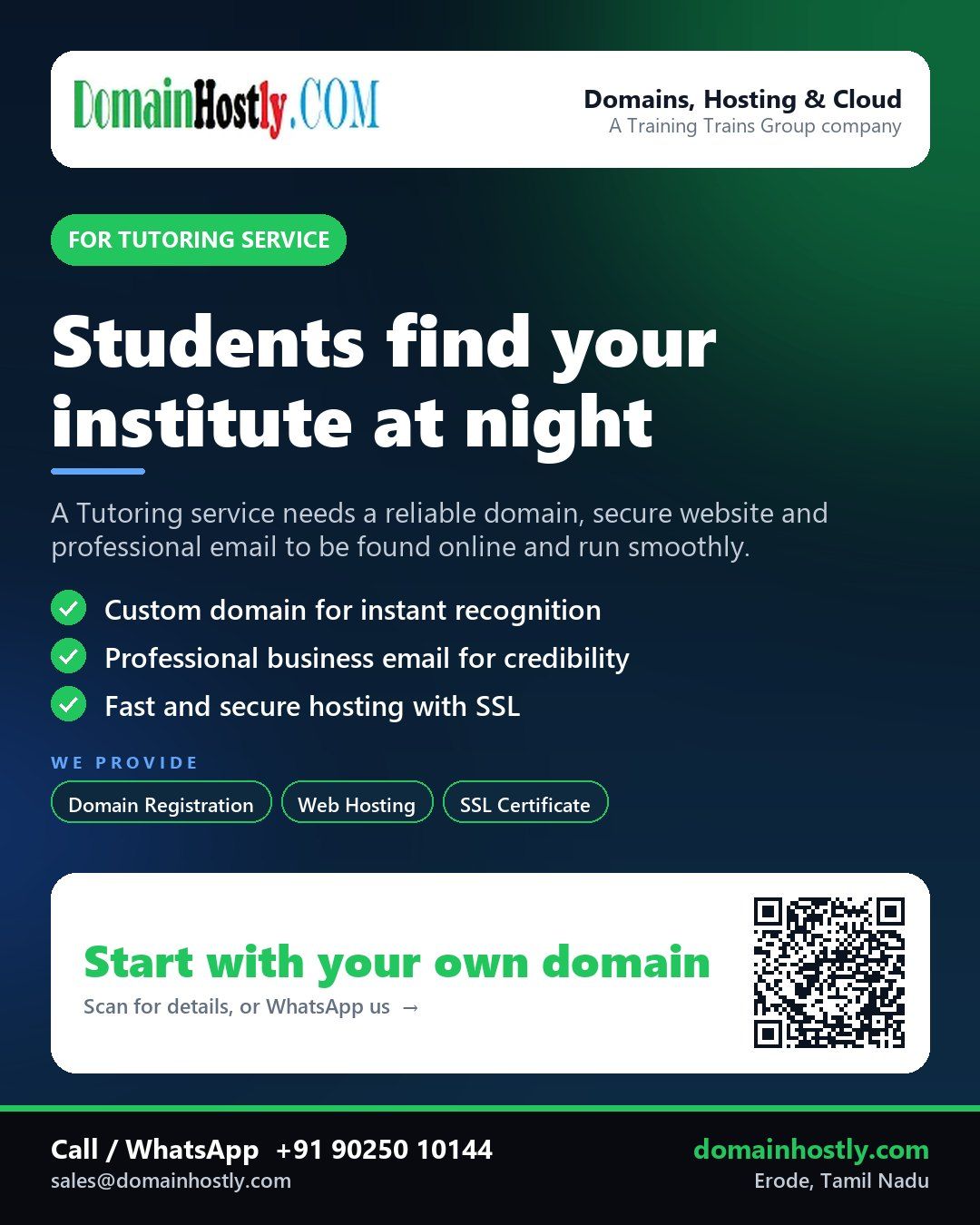 Tutoring service brand logo with domain name and secure website displayed