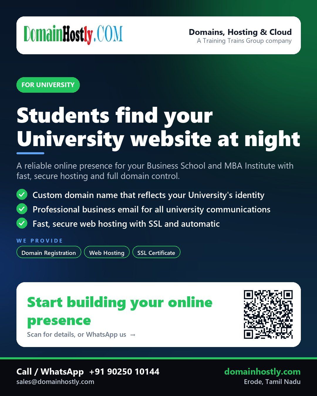 University brand with custom domain, secure website, and business email solutions from DomainHostly