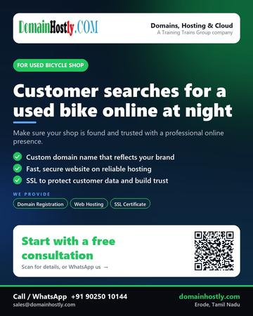 DomainHostly poster for Used bicycle shop: Customer searches for a used bike online at night