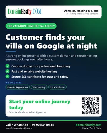 DomainHostly poster for Vacation home rental agency: Customer finds your villa on Google at night