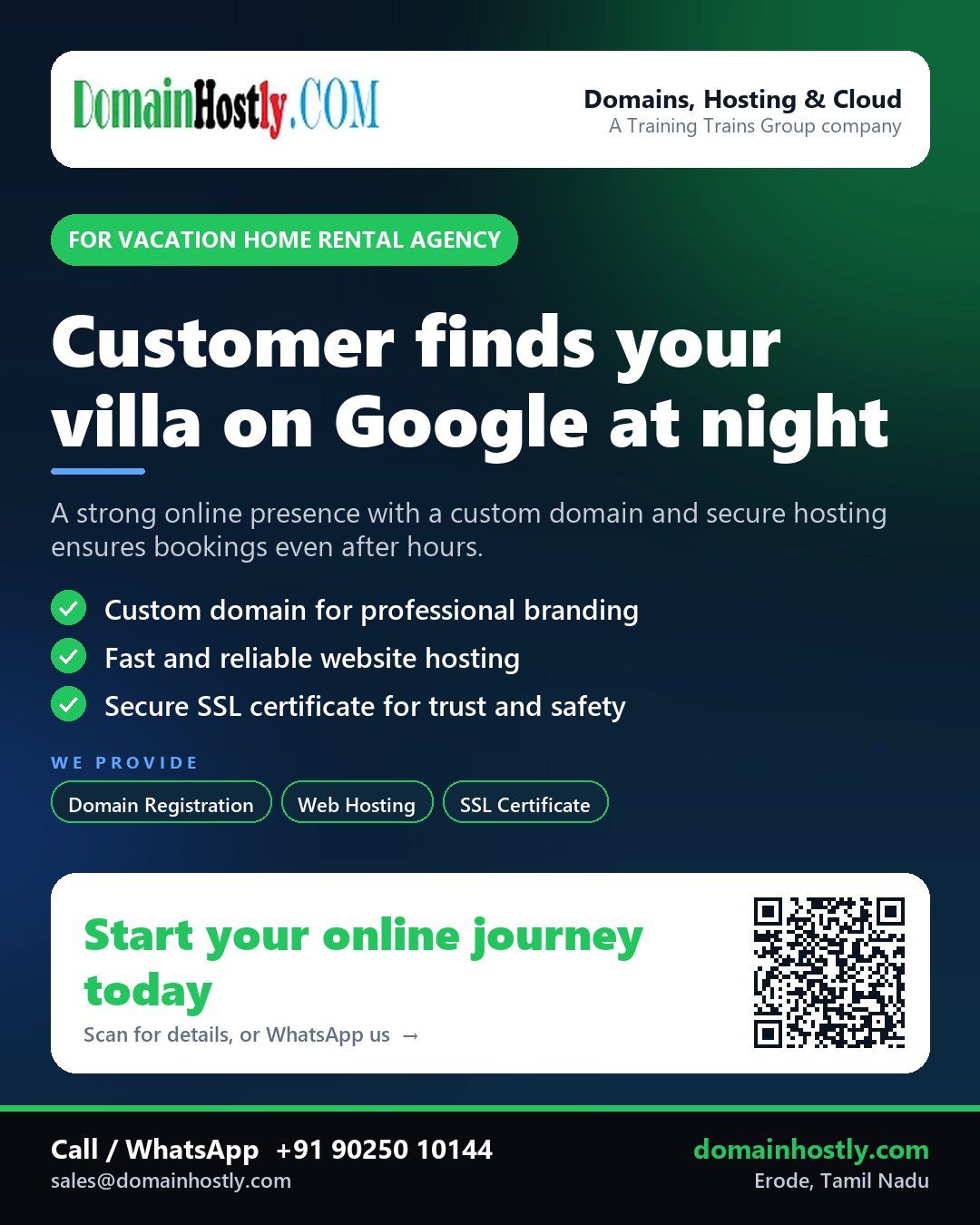 Vacation home rental agency with custom domain, fast website, and secure hosting on DomainHostly