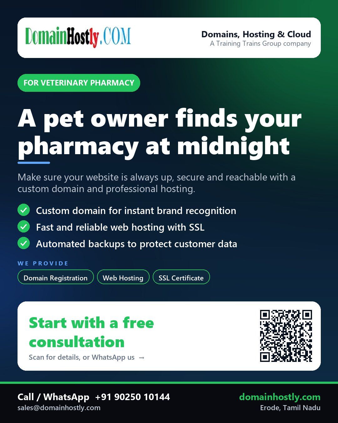 Veterinary pharmacy brand with custom domain, secure hosting and professional email on DomainHostly