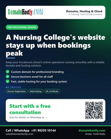 DomainHostly poster for Vocational school: A Nursing College's website stays up when bookings peak