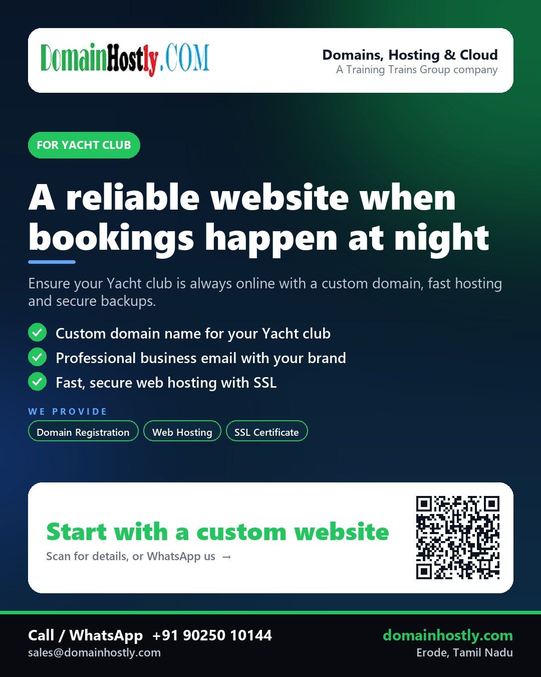 Yacht club logo with a custom domain and secure website displayed on a screen