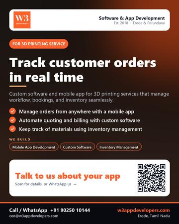 W3AppDevelopers poster for 3D printing service: Track customer orders in real time