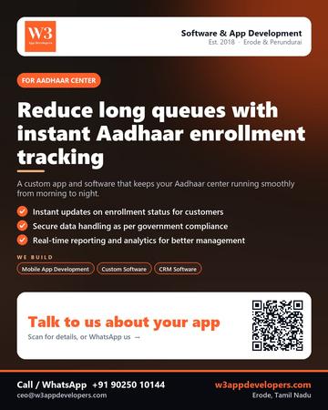 W3AppDevelopers poster for Aadhaar center: Reduce long queues with instant Aadhaar enrollment tracking