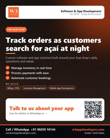 W3AppDevelopers poster for Açaí shop: Track orders as customers search for açaí at night