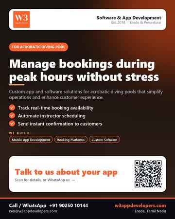 W3AppDevelopers poster for Acrobatic diving pool: Manage bookings during peak hours without stress