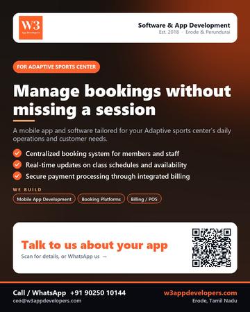 W3AppDevelopers poster for Adaptive sports center: Manage bookings without missing a session