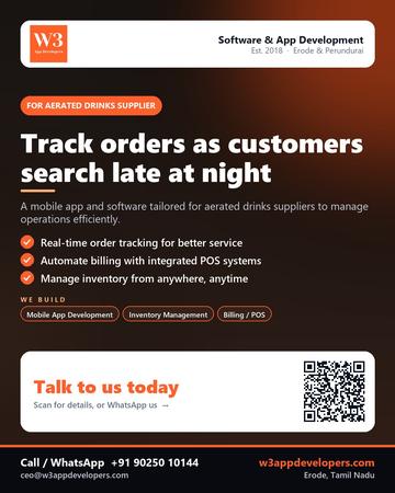 W3AppDevelopers poster for Aerated drinks supplier: Track orders as customers search late at night