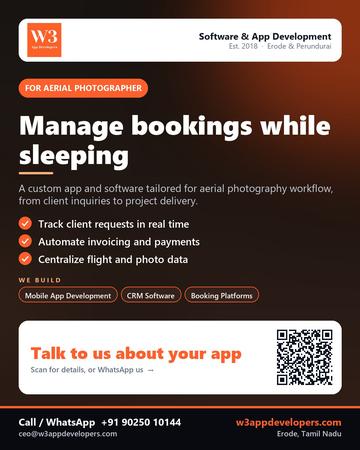 W3AppDevelopers poster for Aerial photographer: Manage bookings while sleeping