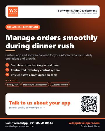 W3AppDevelopers poster for African restaurant: Manage orders smoothly during dinner rush