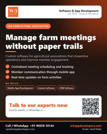W3AppDevelopers poster for Agricultural association: Manage farm meetings without paper trails