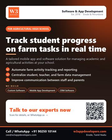 W3AppDevelopers poster for Agricultural high school: Track student progress on farm tasks in real time