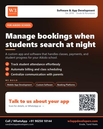 W3AppDevelopers poster for Aikido school: Manage bookings when students search at night