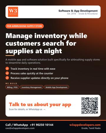 W3AppDevelopers poster for Airbrushing supply store: Manage inventory while customers search for supplies at night