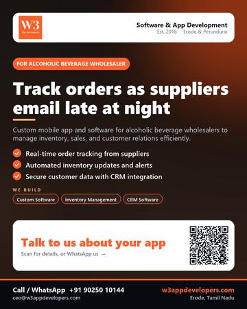 W3AppDevelopers poster for Alcoholic beverage wholesaler: Track orders as suppliers email late at night