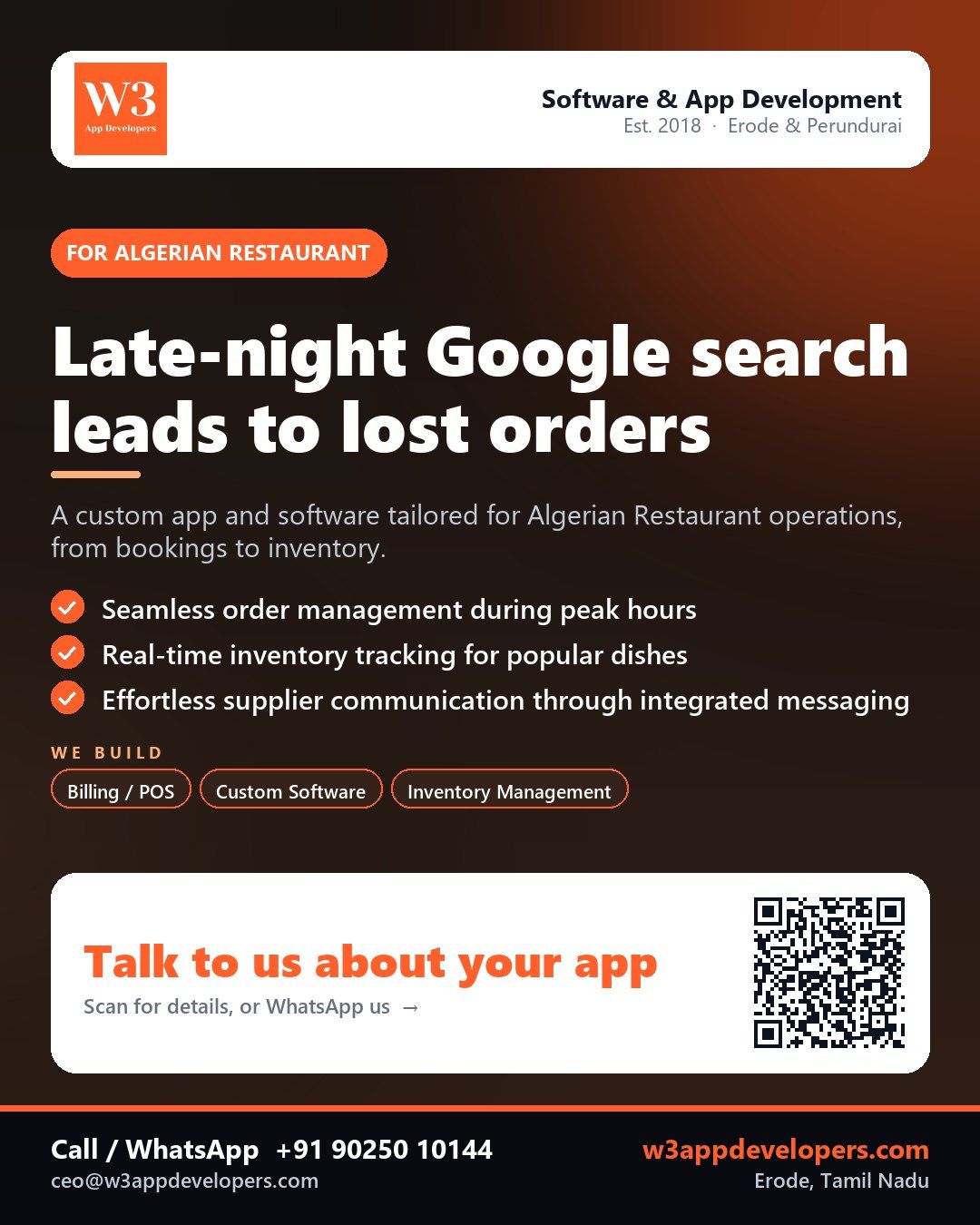 Algerian Restaurant using custom mobile app and business software with W3AppDevelopers