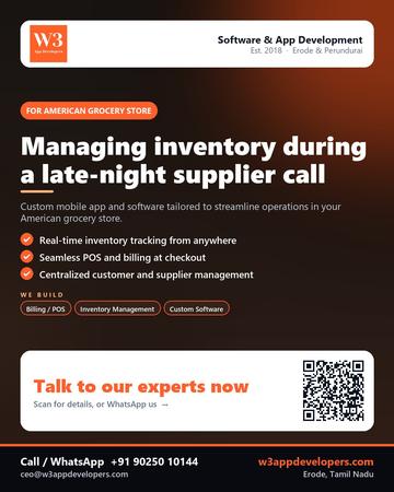 W3AppDevelopers poster for American grocery store: Managing inventory during a late-night supplier call