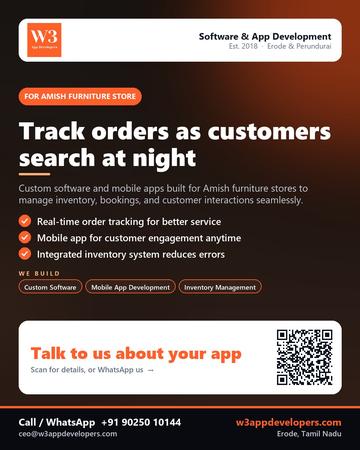 W3AppDevelopers poster for Amish furniture store: Track orders as customers search at night