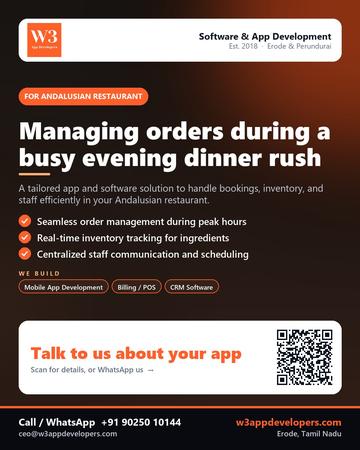 W3AppDevelopers poster for Andalusian restaurant: Managing orders during a busy evening dinner rush