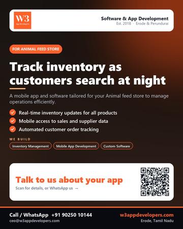 W3AppDevelopers poster for Animal feed store: Track inventory as customers search at night