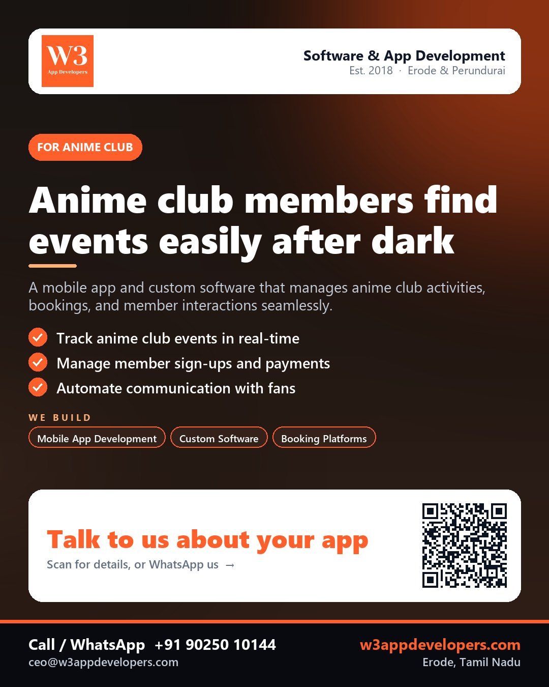 Anime club mobile app development by W3AppDevelopers in Erode, Perundurai