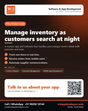 W3AppDevelopers poster for Antique store: Manage inventory as customers search at night